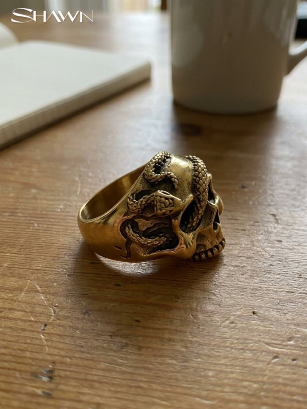 Mens Gold Snake Skull Ring
